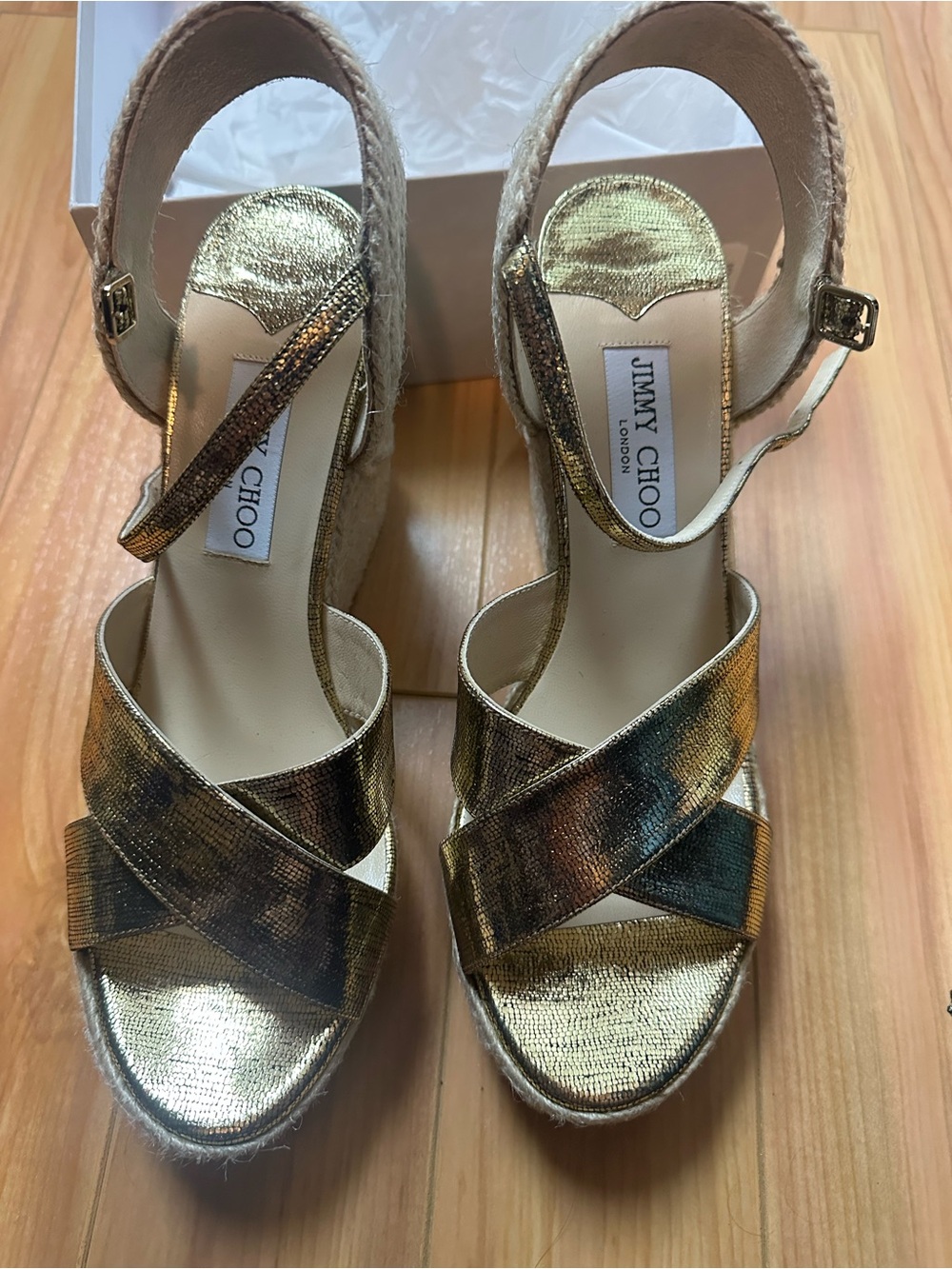 Jimmy Choo Metallic Gold Crisscross Espadrille Wedge Sandals size 10 new